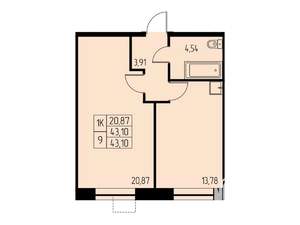 1-к квартира, строящийся дом, 43м2, 22/23 этаж